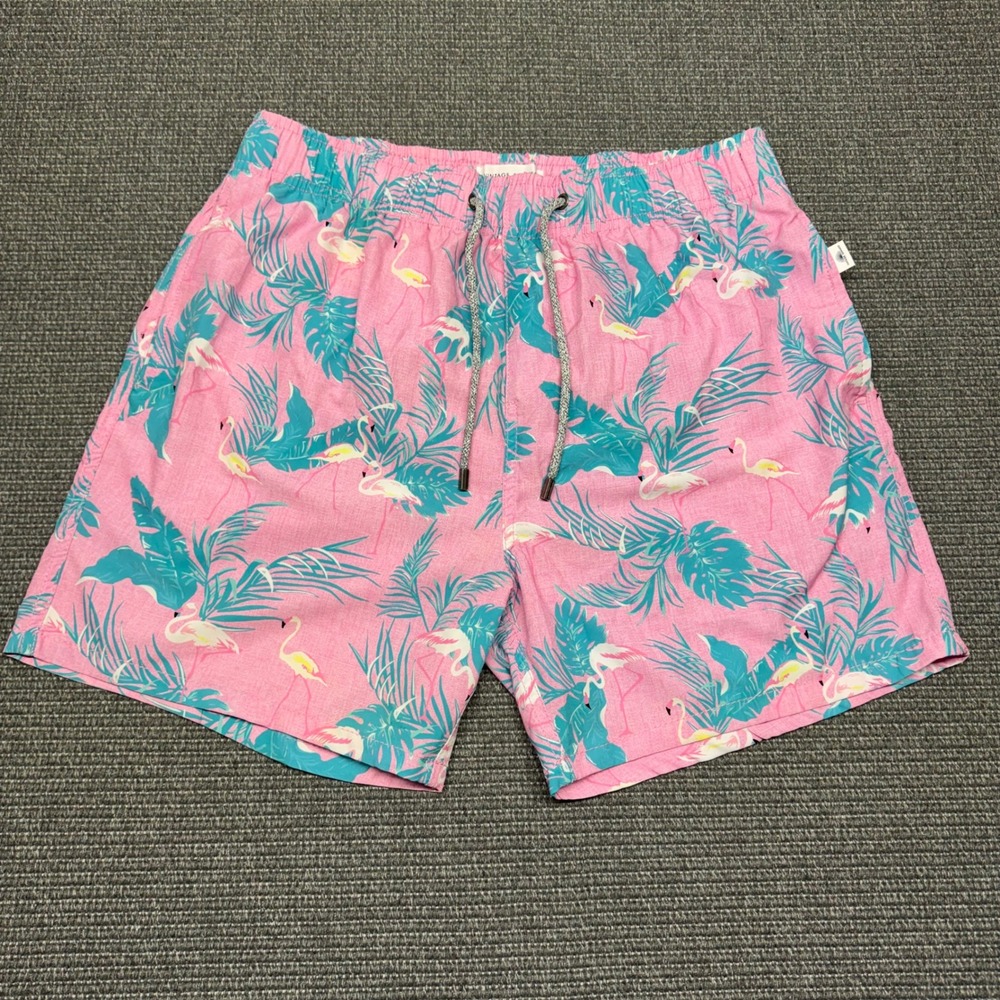 Vintage Summer Mens Pink Flamingo Tropical‎ Palm Print Swim Trunks Large 9157